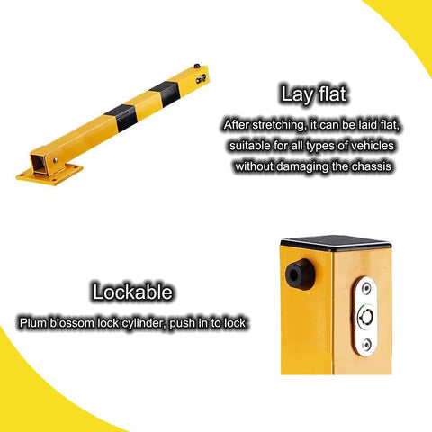 Heavy Duty Steel Bollard For Driveways And Parking Lots, lay flat yellow barrier pole and lockable feature detail.