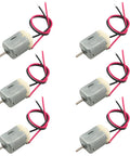 Six Pack 130 Size Mini DC Motors 3V With 15 Cm Copper Wire For Small DIY Projects Like Toothbrushes Electric Shavers Juicers Toys Robots And Other Automation Gadgets showing top view of all six motors with attached wires