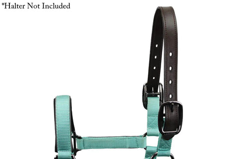 Double Stitched Leather Breakaway Halter Crown Replacement 21 Or 25 Inch 1 Inch Wide shown on nylon halter