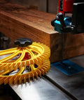Heavy Duty Featherboard Stacking Spacer For Table Saw Resaw Setup with thick lumber feeder and table saw blade.