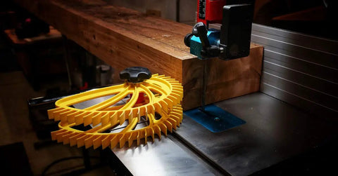 Heavy Duty Featherboard Stacking Spacer For Table Saw Resaw Setup with thick lumber feeder and table saw blade.