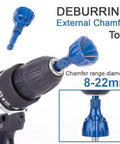Blue titanium-coated countersink chamfer tool attached to cordless drill; 8–22 mm range