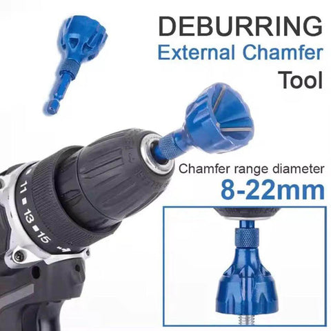 Blue titanium-coated countersink chamfer tool attached to cordless drill; 8–22 mm range
