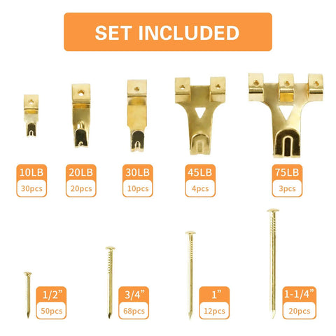 All In One 276 Piece Picture Hanging Kit with hangers and nails set included, various weights and sizes displayed