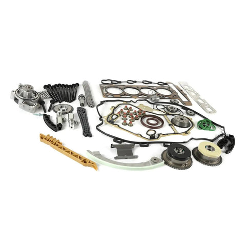 Upgrade Your Ride With This Timing Chain Kit And Head Gasket Bolts Set For Ecotec 2 Point Oh Liter Or 2 Point Four Liter Engines From 2009 To 2016 Models Made Strong With Alloy For Serious Long Life And Low Maintenance Under The Hood Anywhere. timing chain kit and head gasket bolts laid out