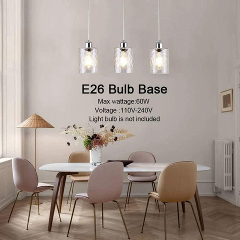 Three Light Clear Hammered Glass Pendant Lights for Modern Kitchen Island in Chrome Finish Hanging Light Fixture