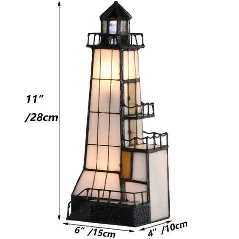 Tiffany Style Stained Glass Table Lamp With Lookout Platform Night Light, 6-Inch Wide By 11-Inch Tall, Brown Finish, warm glow