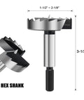 One Point Five Inch Forstner Drill Bit Woodworking Projects Hex Shank Hss Steel with measurement details for wood drilling.