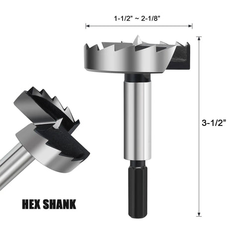 One Point Five Inch Forstner Drill Bit Woodworking Projects Hex Shank Hss Steel with measurement details for wood drilling.