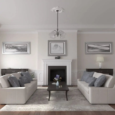 Living room with chandelier framed by Classic Ceiling Medallion With 28 3 8 Inch Outside Diameter And 3 3 4 Inch Inside Diameter