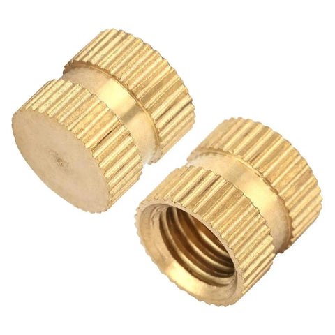 Close-up of 100 Piece M3 Brass Knurled Threaded Insert Nuts Set For Plastic And 3D Printing With OD 5.3mm And Height 3 To 20mm Blind Hole