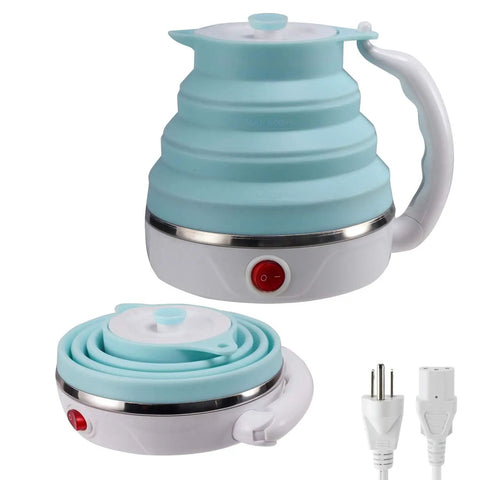Foldable Travel Electric Kettle With Collapsible Food Grade Silicone 600ml Capacity Dual Voltage 110-220V US Plug Ultra Portable Blue Kettle For On The Go Coffee Tea Ramen And More, shown folded and unfolded with US plug.