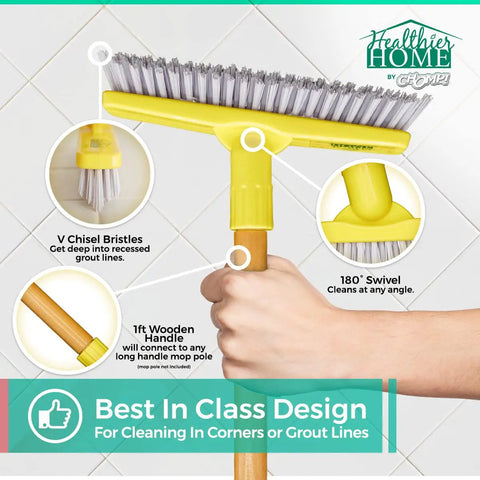 Grout Cleaner Bundle With Grout Brush Pro Grade Deep Clean showing V chisel bristles and swivel head on 1 ft wooden handle.