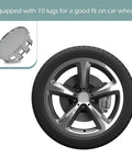 Close-up of 54mm silver hub cap with 10 lugs for secure fit on wheel, part of 4 Pack Wheel Center Hub Caps 2 1 In 54mm Snap On Plastic Rim Guards.