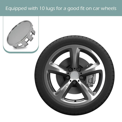 Close-up of 54mm silver hub cap with 10 lugs for secure fit on wheel, part of 4 Pack Wheel Center Hub Caps 2 1 In 54mm Snap On Plastic Rim Guards.