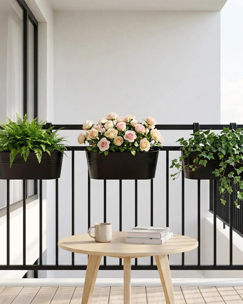 16 Inch Railing Planter Set Of 3 For Outdoor Plants With Detachable Hooks And Drain Holes Large Metal Balcony Pots For Home Garden Fence On Balconies Black.