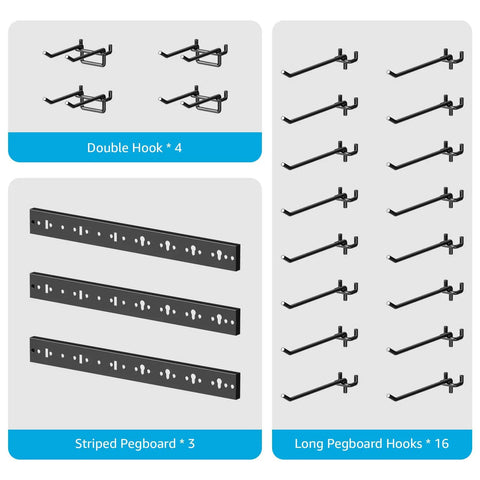 Modular Pegboard Strip Storage System With 3 Wall Mount Strips 16 Pegboard Hooks And 4 Double Hooks Heavy Duty Metal Slat Wall Organizer