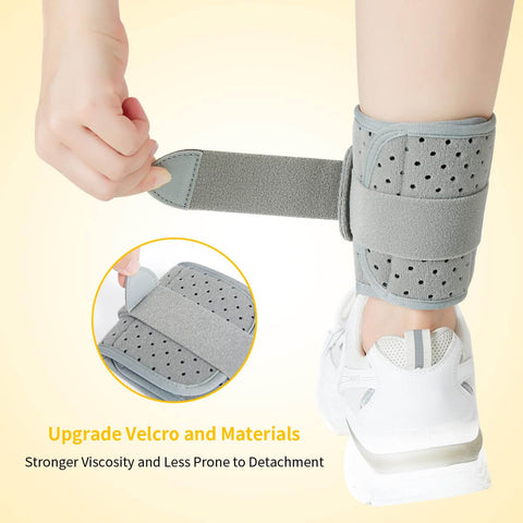 Drop Foot Ankle Brace Orthosis With Cushioned Comfort, adjustable wrap compression in gray, shown being worn on right foot