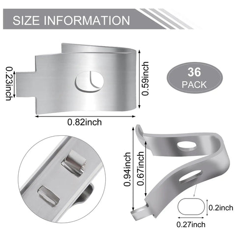 Heavy Duty 6 Pack 36 Inch Shelf Pilaster Tracks With 36 Shelf Clips Set size diagram, silver metal clips shown in detail