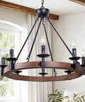 Eight-Light Farmhouse Wagon Wheel Chandelier in Rustic Faux Wood Finish, 28-Inch Hanging Ceiling Light Fixture in living room