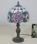 8 Inch Tiffany Style Pink Rose Table Lamp For Girl Bedroom Bedside Nightstand Decor Stained Glass Lamp With Bronze Vintage Base Romantic Gift For Girlfriend Or Lover Cozy Accent Lighting