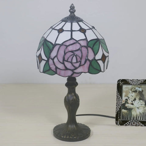 8 Inch Tiffany Style Pink Rose Table Lamp For Girl Bedroom Bedside Nightstand Decor Stained Glass Lamp With Bronze Vintage Base Romantic Gift For Girlfriend Or Lover Cozy Accent Lighting