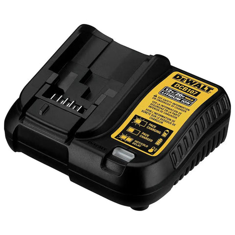 Compact 20V Cordless Drill And Driver Kit battery charger with black body and yellow labeling, designed for lithium-ion batteries.