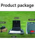 Product package showing Ultra Quiet Robotic Lawn Mower For Big Yards Up To 1,500 Square Meters with charging and power cables.