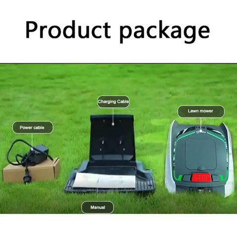Product package showing Ultra Quiet Robotic Lawn Mower For Big Yards Up To 1,500 Square Meters with charging and power cables.