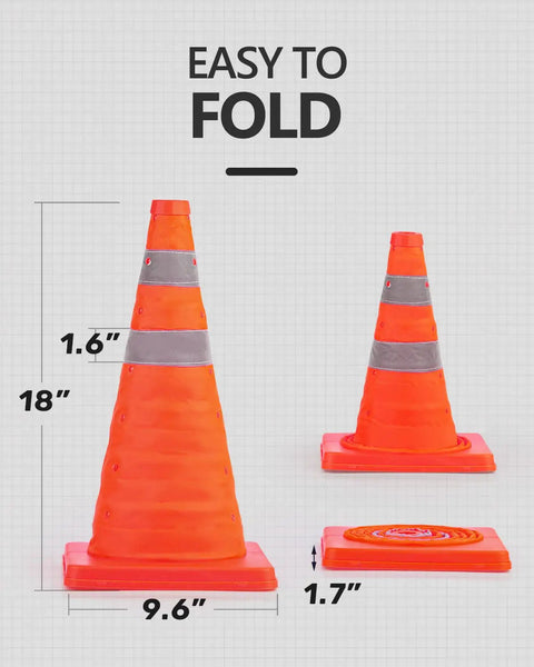 Two Pack 18 Inch Collapsible Traffic Safety Cones With Reflective Collar For Driving Practice And Road Parking Bright Orange Popup Cones Multipurpose Durable Oxford Fabric And PVC 360 Degree Visibility showing folded and unfolded state.