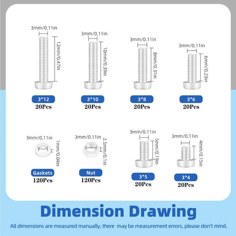 Dimension drawing displaying sizes of Top Shelf M3 Nylon Phillips Pan Head Screw Kit 360 Piece Assortment with nuts and gaskets.
