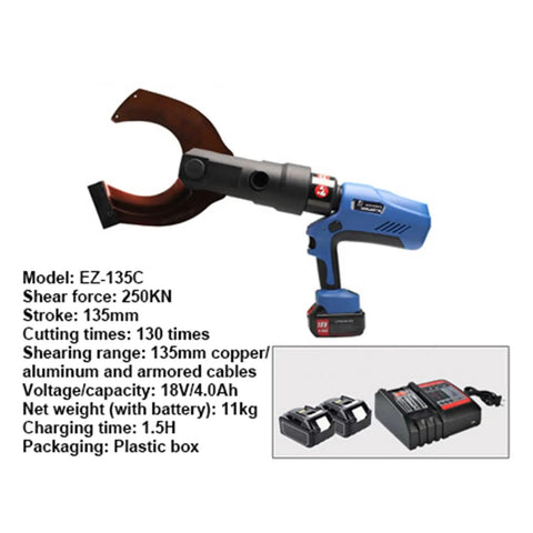 Gazogj 250Kn Rechargeable Hydraulic Cable Cutter with blue handle, cutting copper and aluminum cables, model EZ-135C.