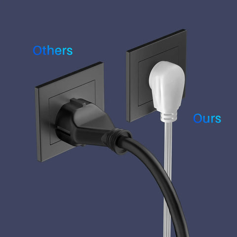 Comparison of black standard plug with white 3-Outlet Flat Extension Cord 30 Ft With 16 Gauge Cable, Flat Plug And Angled 3 Prong