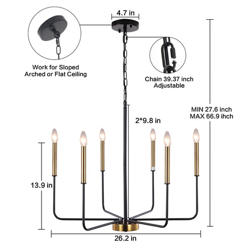 Six Light Farmhouse Chandelier with Adjustable Height Black and Gold Iron Pendant Lighting for Dining Room Diagram
