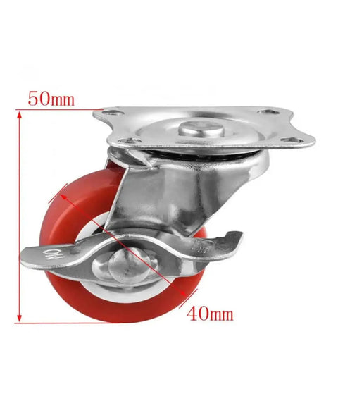 Close-up view of one caster in Pack Of 4 1.5 Inch Swivel Brake Casters With Flat Side Rollers Red PVC Wheels For Furniture And Coffee Tables