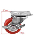 Close-up of swivel brake caster with red PVC wheel, showing 50mm plate; Four Pack 1.5 Inch Swivel Brake Casters With Flat Side Rollers.