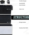 No Sweat Heavy Duty Electric Portafilter Knock Box And Espresso Grounds Rinser, 3 Liter Splash Guard Bin components layout with stainless steel.