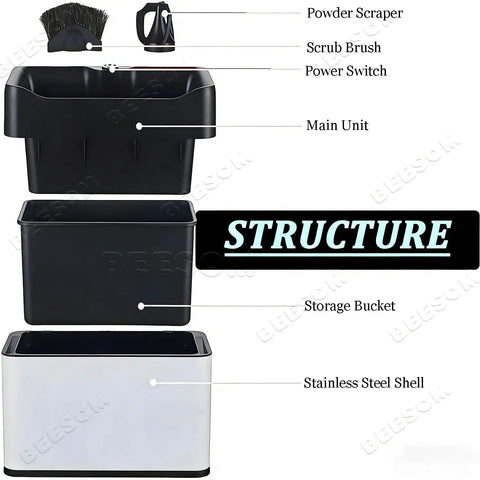 No Sweat Heavy Duty Electric Portafilter Knock Box And Espresso Grounds Rinser, 3 Liter Splash Guard Bin components layout with stainless steel.