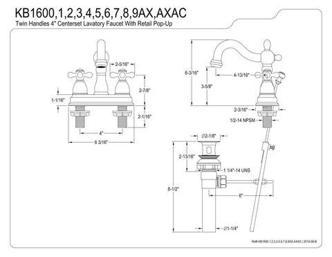 Technical diagram of Heritage 4 Inch Centerset Lavatory Faucet With Metal Cross Handle in Chrome and Polished Brass Finish.