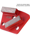 Close-up of a red metal trapezoid 30-grit concrete grinding disc with dual scraping pads.