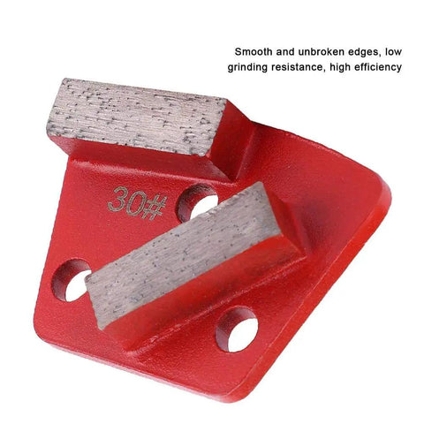 Close-up of a red metal trapezoid 30-grit concrete grinding disc with dual scraping pads.