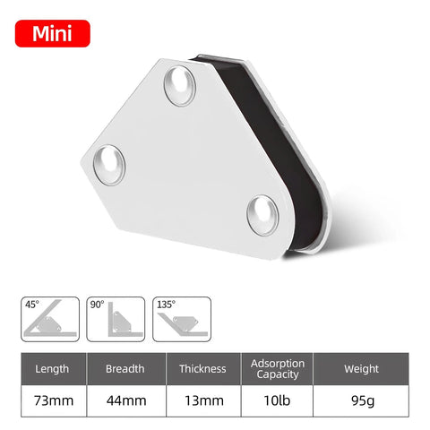 Mini angle welding magnet from Six Piece Welding Magnets Set With 25Lb Triangle And Hexagon Angles Plus Two Mini Magnets For Auto Car Welding Clamps Holder Heavy Duty Magnetic Positioning Tools 45 90 135 30 60 75 180 Degrees, shown at 45/90/135° with dimensions and weight.