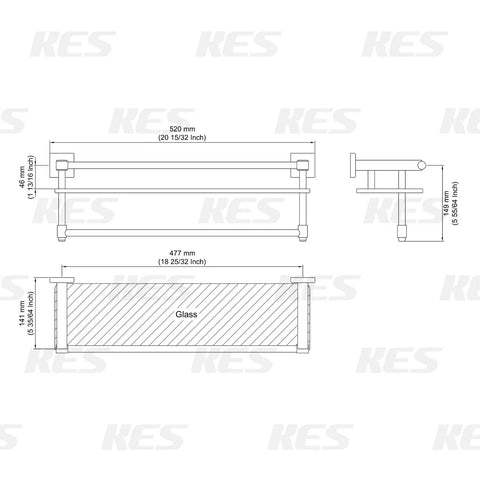 Technical diagram of Rustproof Glass Bathroom Shelf with Towel Bar and Rail Heavy Duty SUS304 Stainless Steel Brushed Finish