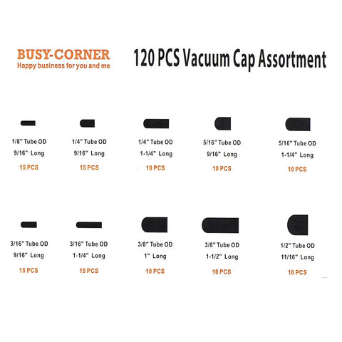Rubber Vacuum Cap Set 120 Piece Assortment in 10 Sizes For Tubes From One Eighth Inch To One Half Inch OD, cap display chart