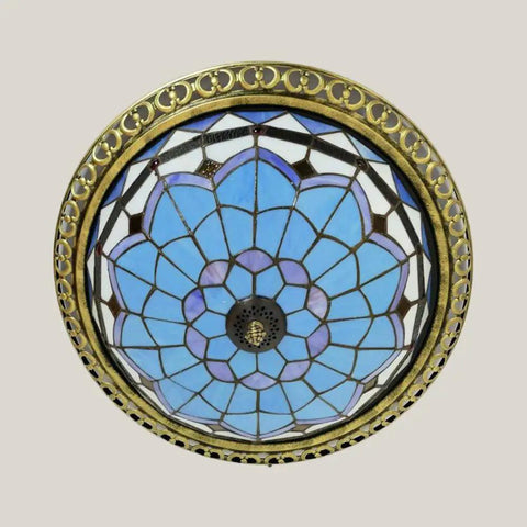Stained Glass Dome Flush Mount Ceiling Light Three Light Tiffany Style Pendant Retro Vibe LED Ceiling Fixture for Bedroom