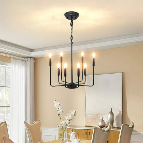 Black Farmhouse Eight Light Candle Chandelier Modern Pendant Fixture For Dining Room Kitchen Island Bedroom Entryway And Foyer Dope Industrial Vibe With E12 Base