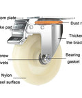 Heavy Duty Top Plate Swivel Caster Wheels For Furniture And Workbenches With Brakes, labeled parts, nylon surface, side view