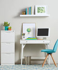Modern office setup with white desk, teal chair, and shelving, ideal setting for Refresh LED Light Bulbs 60W Daylight HD Candle Style Bulbs.