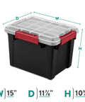 Six Pack Five Gallon Waterproof Storage Totes IP68 Submersible Plastic Bins With Airtight Silicone Seals showing dimensions and sturdy design.