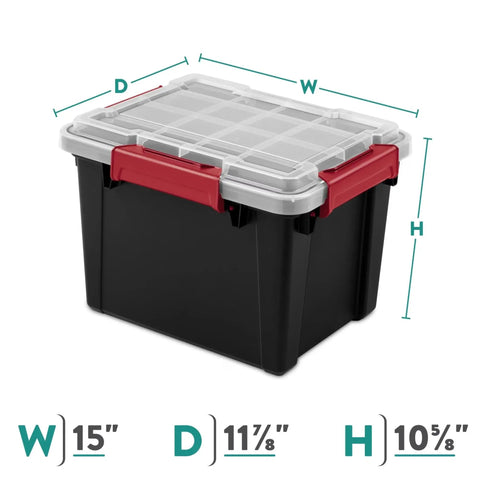 Six Pack Five Gallon Waterproof Storage Totes IP68 Submersible Plastic Bins With Airtight Silicone Seals showing dimensions and sturdy design.